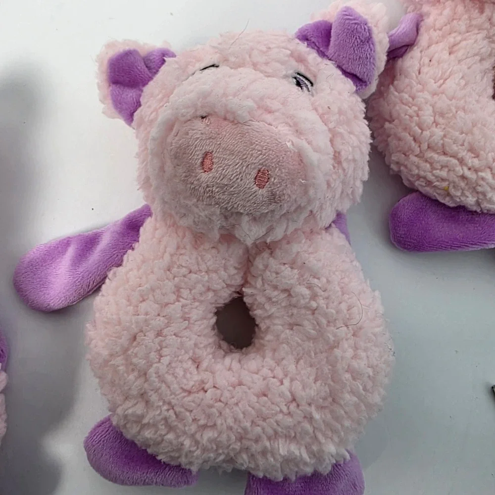 Happy Pig Plush Dog Toys Pink Purple Soft Squeaky Ring Shape 3 Count